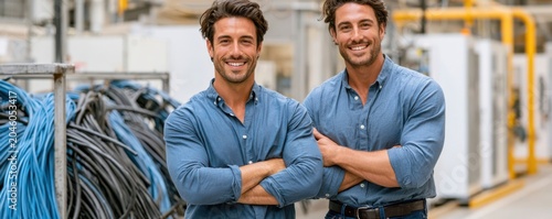 Two smiling male colleagues standing with arms crossed in a factory production area