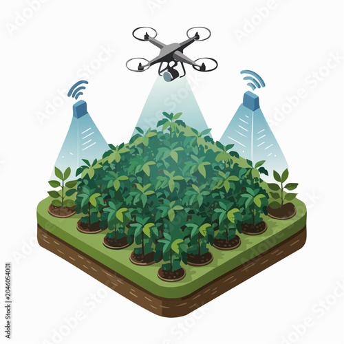Drone precision agriculture illustration with crop spraying system