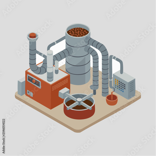 Isometric industrial coffee roasting facility with machinery