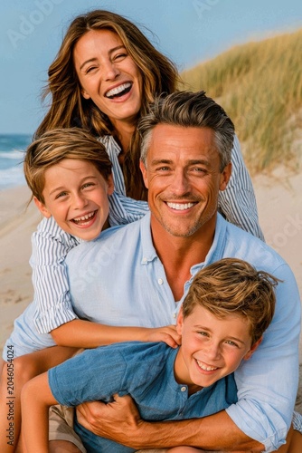 Joyful family portrait at the beach with smiling parents and two happy young boys