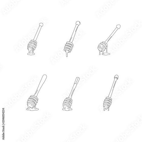 Honey dipper collection. Hand drawn honey stick doodle set with honey drips. Minimal outline honey illustrations for packaging branding and beekeeping design