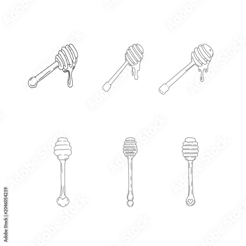 Honey dipper collection. Hand drawn honey stick doodle set with honey drips. Minimal outline honey illustrations for packaging branding and beekeeping design