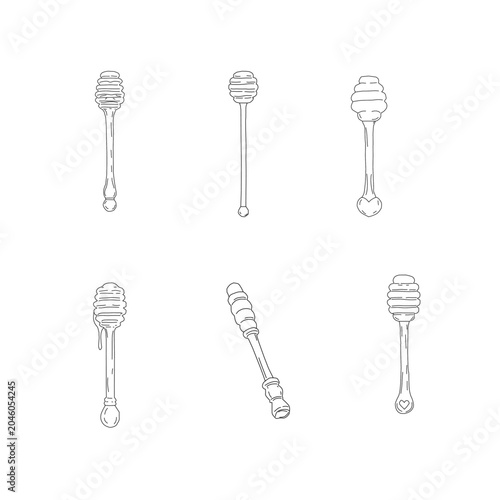 Honey dipper collection. Hand drawn honey stick doodle set with honey drips. Minimal outline honey illustrations for packaging branding and beekeeping design