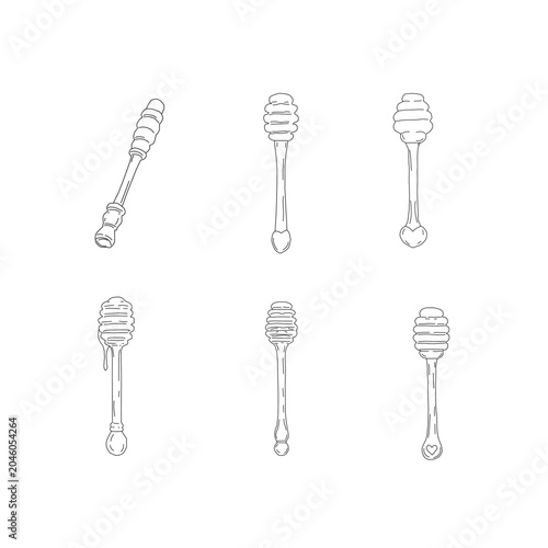 Honey dipper collection. Hand drawn honey stick doodle set with honey drips. Minimal outline honey illustrations for packaging branding and beekeeping design