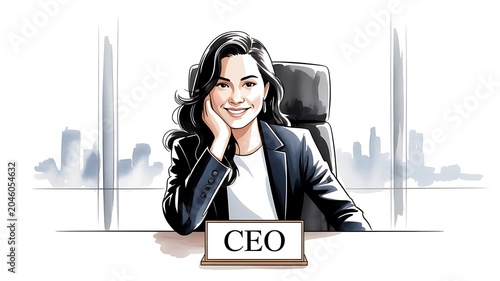 Confident young CEO smiling at her office desk with a city skyline view