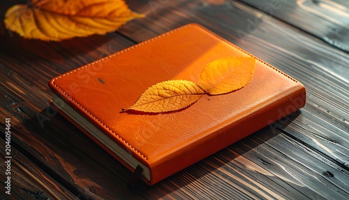 Close-up of an orange journal with a pair of autumn leaves atop it, set against a dark wooden table. Light shines