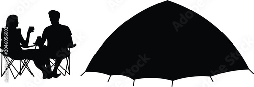 Outdoor Recreation Concept. Silhouette Drawing of a Man and Woman Sitting on Folding Chairs Drinking Coffee Next to a Camping Tent