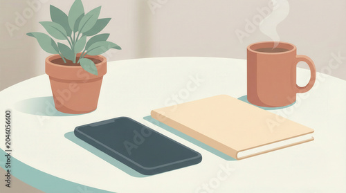 Tabletop scene with potted plant and cozy coffee beside notebook and phone