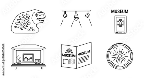 Quadro su tela Museum icons: dinosaur skeleton, spotlight, exhibit, brochure, display case, art
