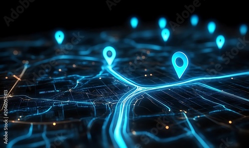 Futuristic digital map interface with glowing blue navigation pins and data points.