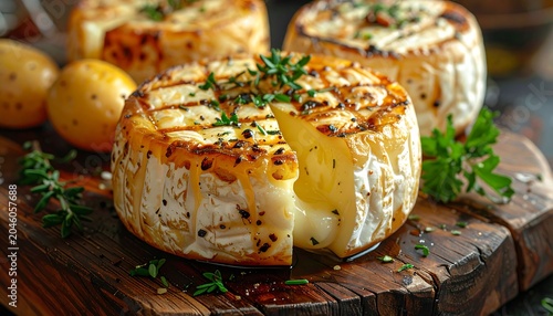 Close-up of baked creamy round food, cut to reveal soft center, garnished with herb sprigs, placed on a wooden board with potatoes