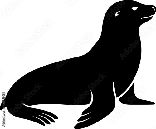 Tableau sur toile Black silhouette of a seal sitting on ice or ground looking ahead