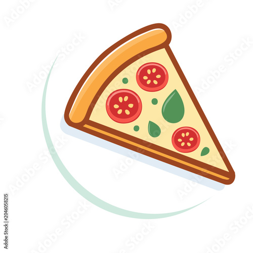 Flat design icon of a pizza slice with tomato and basil