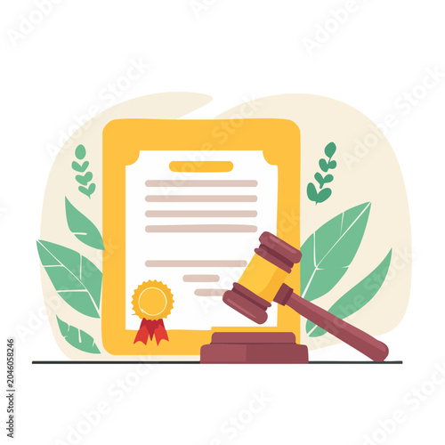 Flat design illustration of a gavel and a legal certificate
