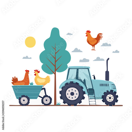 Flat design illustration of a tractor with chickens and a tree