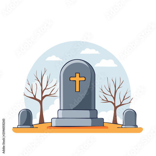Flat design illustration of a gravestone with a cross in a cemetery