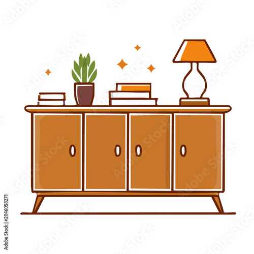 Flat design illustration of a wooden cabinet with books, plant, and