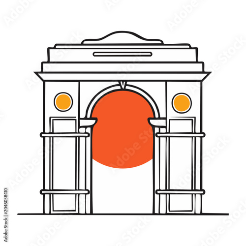 India Gate line art illustration with orange circle