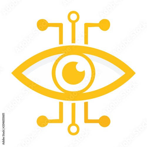 Yellow eye icon with digital circuit elements