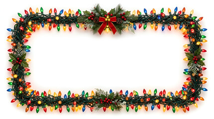 Christmas garland border with colorful lights and ornaments on white background festive decoration