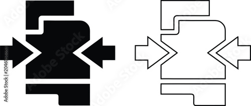 Fotografie Compression vector icon set features abstract shapes being pushed together by inward arrows in both a solid black silhouette and line outline for data reduction design