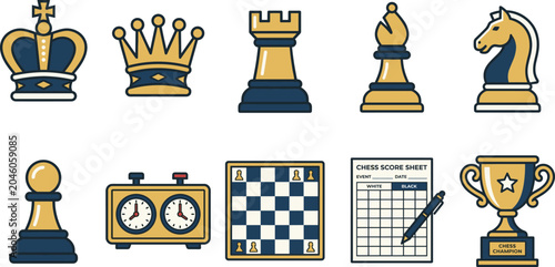 Canvastavla Chess Game Pieces and Tournament Equipment Collection Flat Vector Icon Set Illus
