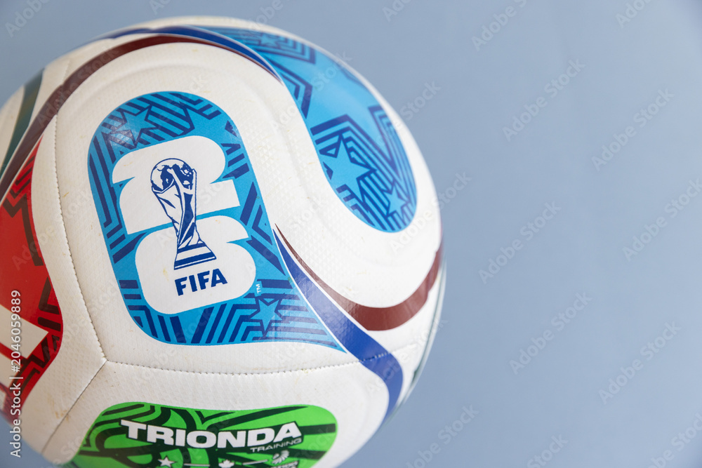 Naklejka premium LONDON, UK - JUNE 2nd 2026: The official Fifa 2026 world cup soccer logo on a football