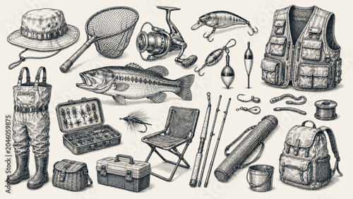 Vintage Fishing and Outdoor Adventure Equipment Collection Featuring Angler Gear, Fishing Rods, Tackle Box, Waders, Life Vest, Camp Chair and Classical Engraving Style

