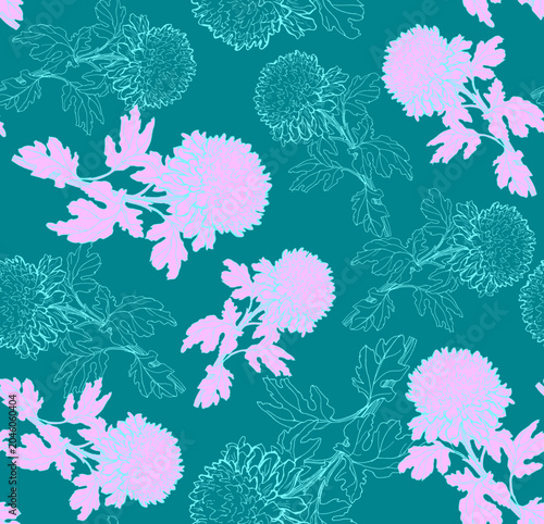 Light violet silhouettes of chrysanthemum flowers on blue seamless pattern. Undirected floral vector seamless pattern in sketch style for textile, home fabric, bedding