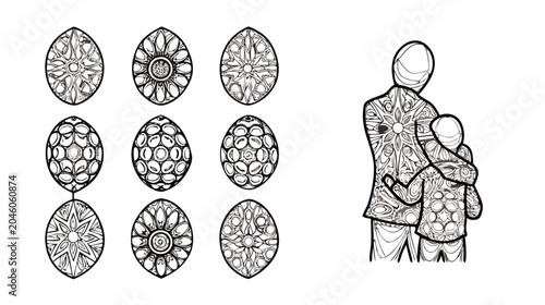 Decorative Easter Eggs and Family Hug Line Art