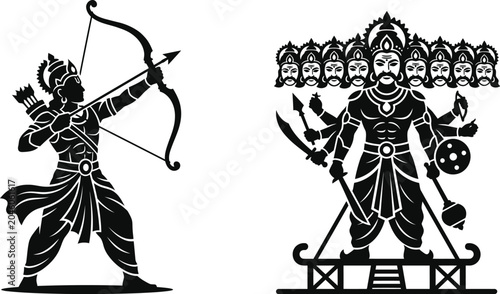 Konstfotografi Archer Character Silhouette with Bow and Arrow Preparing to Shoot at Multi-Heade