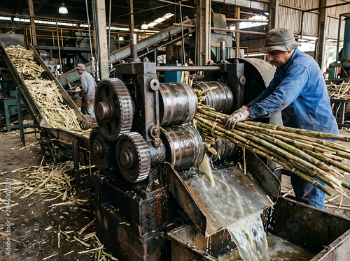 Man working with sugarcane in a factory setting industrially processing