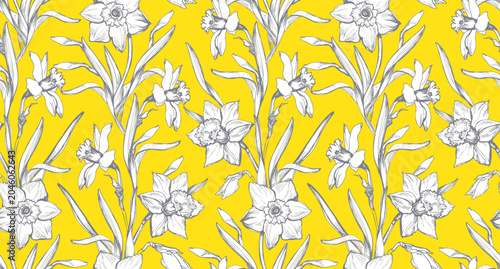 Botanical seamless pattern with Natures calm with spring white Narcissus on trendy yellow illuminating. Elegant design for textile, fabric, wallpaper, packaging. Vector Illustration.