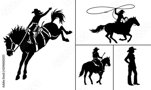 Fotografie Cowgirl Silhouette Vector Collection - Rodeo Riding, Bucking Bronco, Lassoing, a