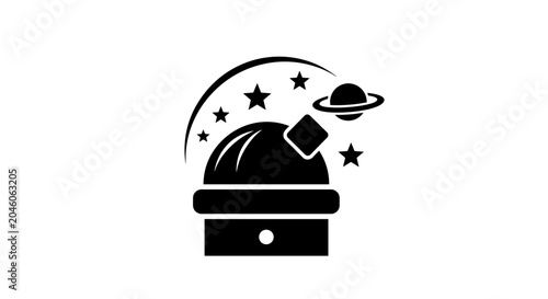 Observatory dome under starry celestial arc with orbiting planet symbolizing cosmic exploration scientific discovery astronomical research and the vast universe.