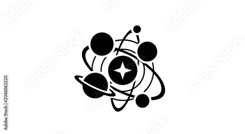 Abstract Cosmic Atom Symbol Representing Celestial Orbits Galactic Systems Atomic Structure and Scientific Exploration with a Starburst Core for Universal Concepts and Discovery.