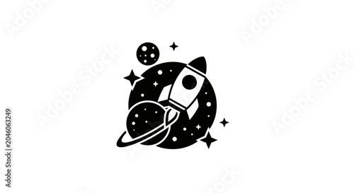 Whimsical Rocketship Voyage Amidst Cosmic Wonders A Stellar Journey Through Planets Moons and Twinkling Stars Evoking Adventure and Exploration.
