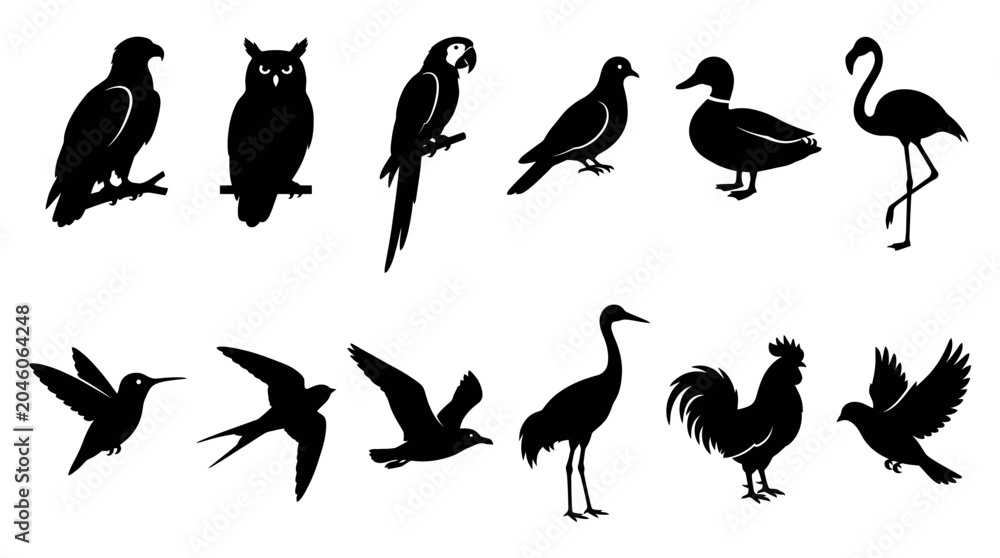 Obraz premium Bird Silhouette Vector Collection With Eagle Owl Parrot Dove Duck Flamingo Hummingbird Swallow Crane Rooster Flying Birds Isolated On White Background