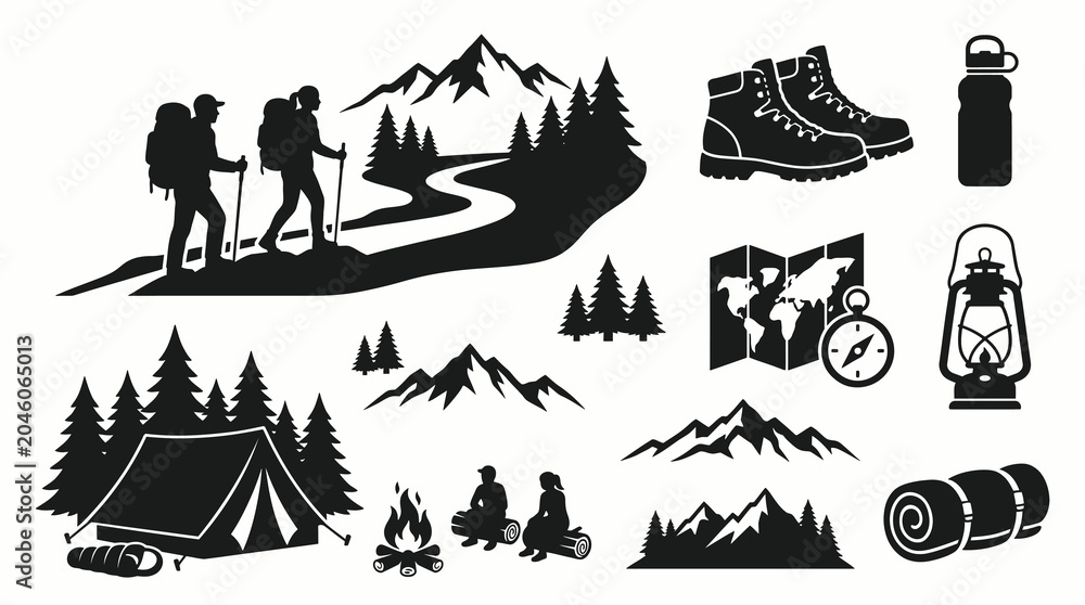 Fototapeta premium Vector illustration set of hiking and camping silhouettes, minimalist black icons of generic outdoor recreation elements, active tourists backpacking, wild mountain landscapes, and trekking equipment 