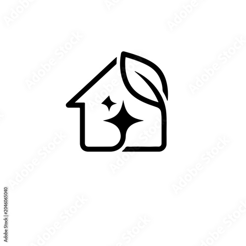 Simple and elegant vector logo design representing eco-friendly home cleaning services with a leaf and sparkle motif
