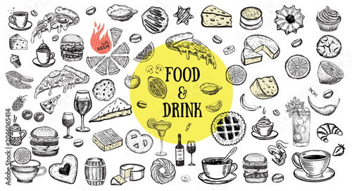 Food and drink set on white, hand drawn	
