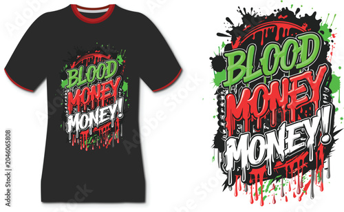 Dripping Blood Money Graphic Design on Black T-Shirt with Red Trim