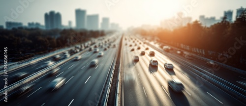 High-angle view of fast-moving traffic on a wide urban highway, city skyline in background, with warm sunrise light and motion blur.