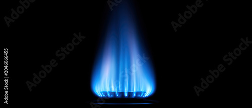 Closeup of a blue gas flame on a black background, symbolizing energy, heating, and natural gas with a clean, modern look.