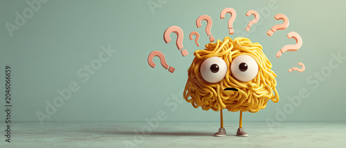 Funny noodle character with big eyes, sneakers, and question marks on a pastel background, perfect for concepts of confusion, questions, and problem solving.