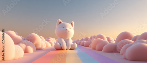 Adorable white cat figurine sitting on pastel rainbow path surrounded by fluffy clouds, soft light, dreamy atmosphere, playful and cheerful concept.