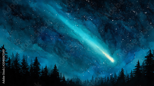 夜の森の上空を駆け抜ける巨大で壮大な流星・彗星の水彩イラスト