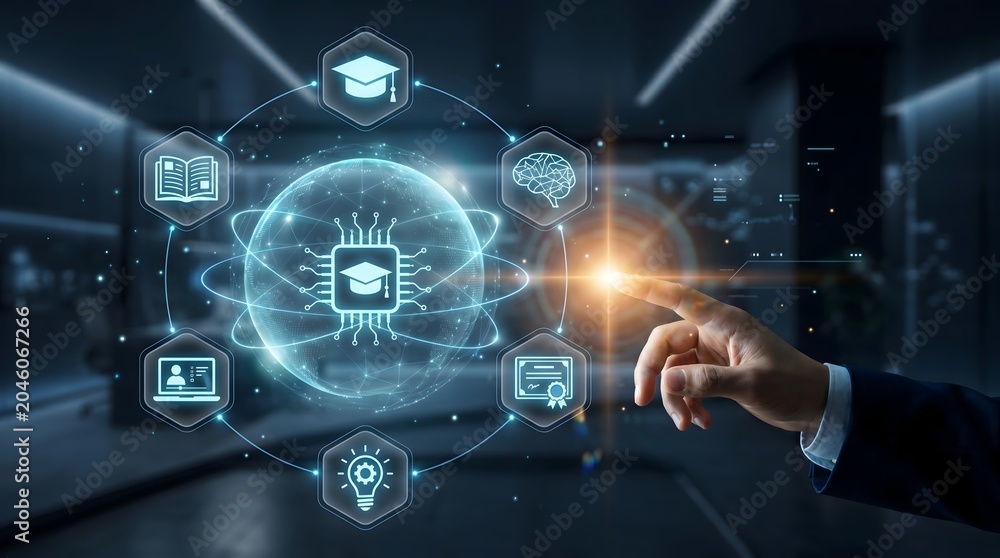 Fototapeta premium Global digital education network concept with hand touching futuristic glowing e-learning interface with smart microchip icon