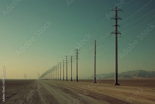 Power poles tower over a green landscape beneath a clear blue sky