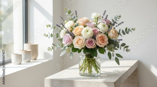 Fresh flowers in a vase on a bright background, elegant floral still life with seasonal freshness and clean decor styling refined commercial styling, polished modern mood, soft natural light,
